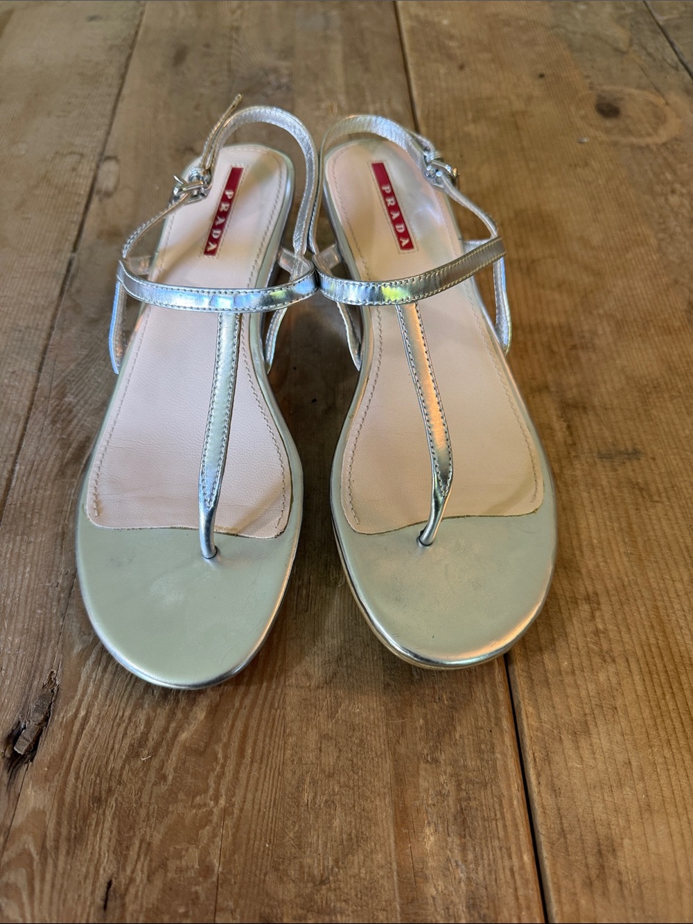 Prada Metallic Silver T-Strap Sandals
